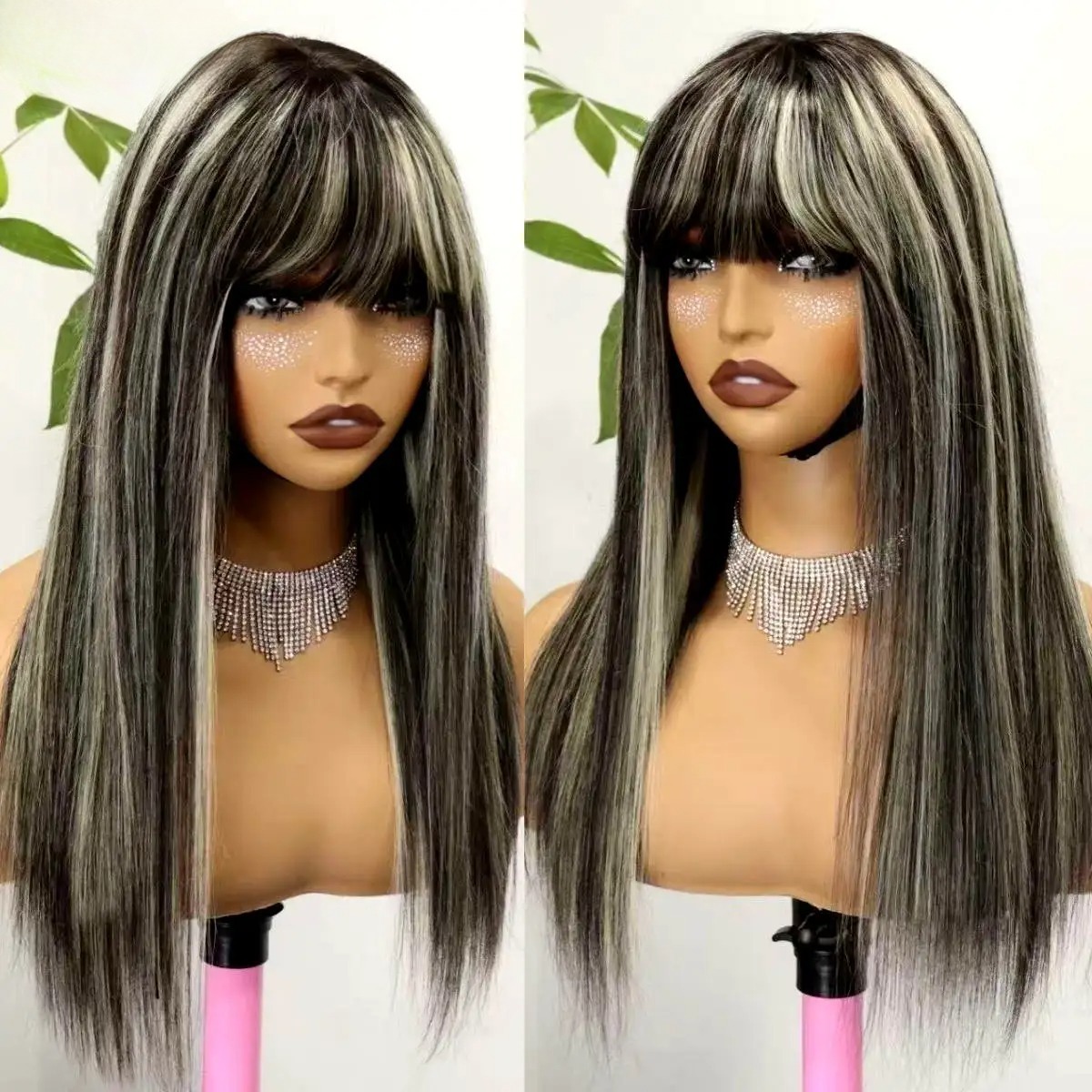 Perruque de cheveux humains droites à reflets noirs et blonds avec frange 13x4 HD perruques avant en dentelle 360 perruques frontales en dentelle