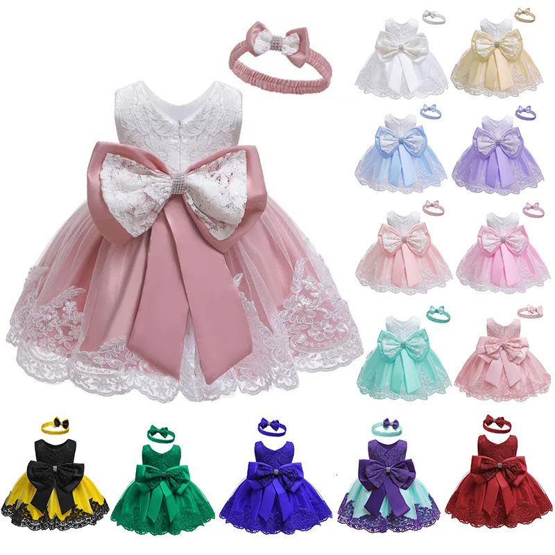 Bébé filles princesse robe et bandeau 2 pièces élégant arc enfant en bas âge fille 1 ans fête d'anniversaire dentelle robe de bal robes enfants r
