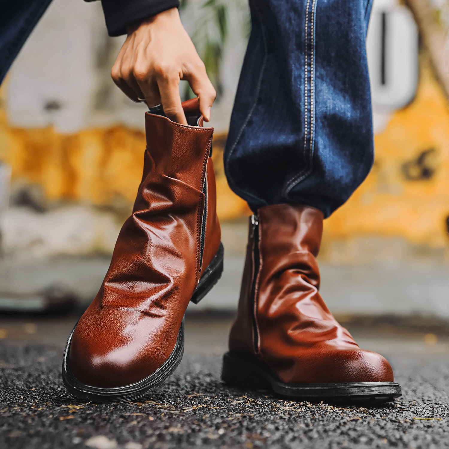 Designer shoes 2025 double sided zipper bottom fashion boots for men casual retro soft leather Martin boots black brown grey red