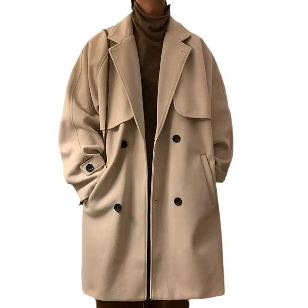 Épais hommes coupe-vent veste manteau à manches longues revers Double boutonnage mi-long pardessus coréen lâche manteau de laine OutwearXJ251204