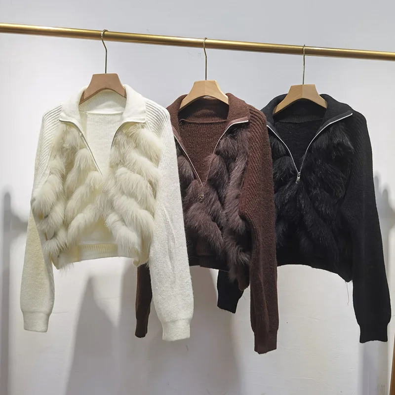 Women Short Knitted Pullover With Real Fox Fur Long Sleeve Genuine Trimming Female Jumpers Zipper 251204