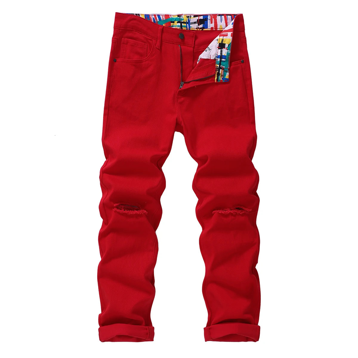 Mens Red Stretch Ripped Jeans Graffiti Waistband Baggy Streetwear Denim Pants Elastic Fit 2025 Urban Fashion 251201