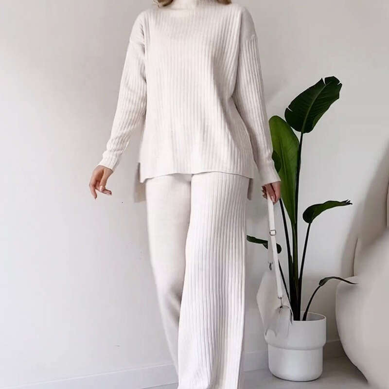 Automne nouvelle mode européenne et américaine couleur unie col haut polyvalent haut décontracté pantalons longs ensemble pour les femmes B5