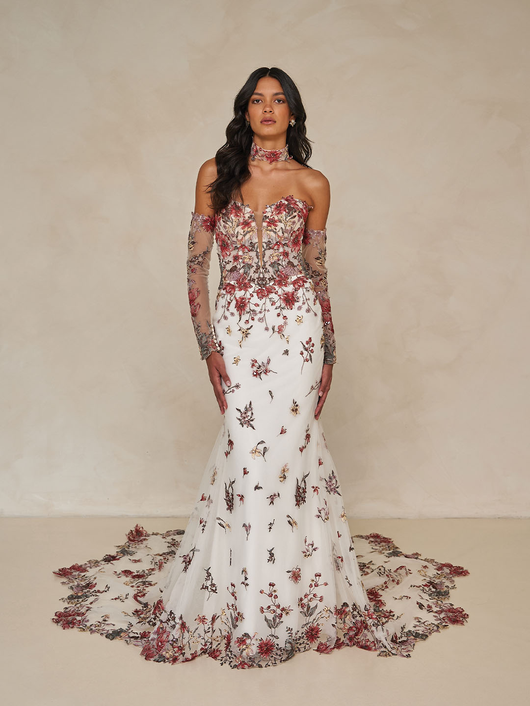 dmcd0022 bridal wedding dresses off shoulder long sleeved thin gauze bohemian bag hip mixed color colorful floral embroidery sequin lace evening gow