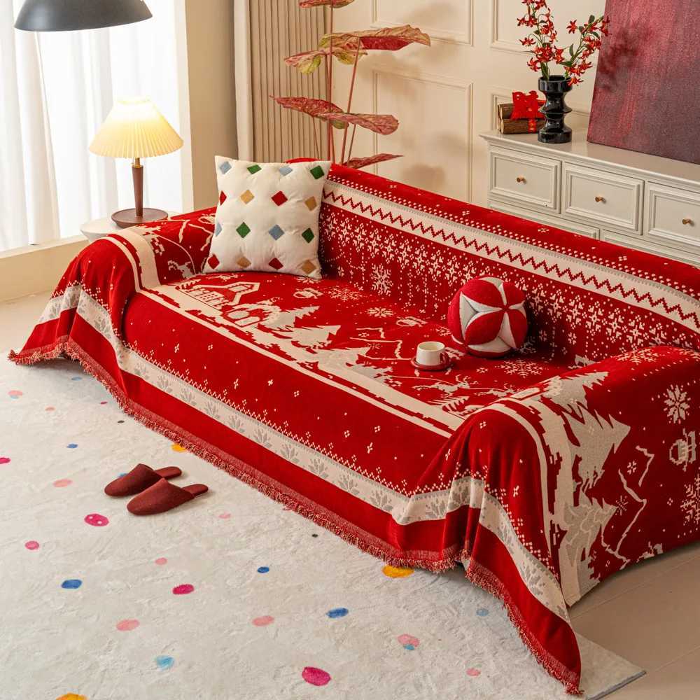 Winter Red Christmas Tree Pattern Sofa Cover Blanket Fabric Christmas Celebration Cloth Multifunctional Universal Sofa Covers M251204-image-1087199108