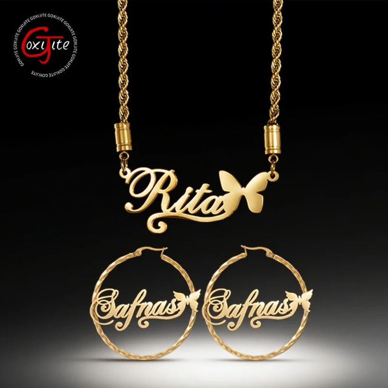 Goxijite Customized Name Butterfly Necklace Jewelry Set For Women Girls Stainless Steel Personalized Names Hoop Earrings Gift 251202