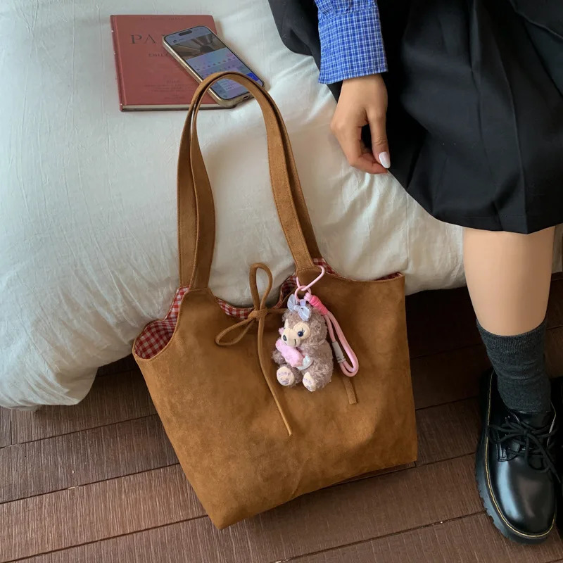 Korean Lazy Style Plaid Double-sided Back Matte Retro Commuter Bag Womens Autumn and Winter Fashion Shoulder Tote Bag 251204