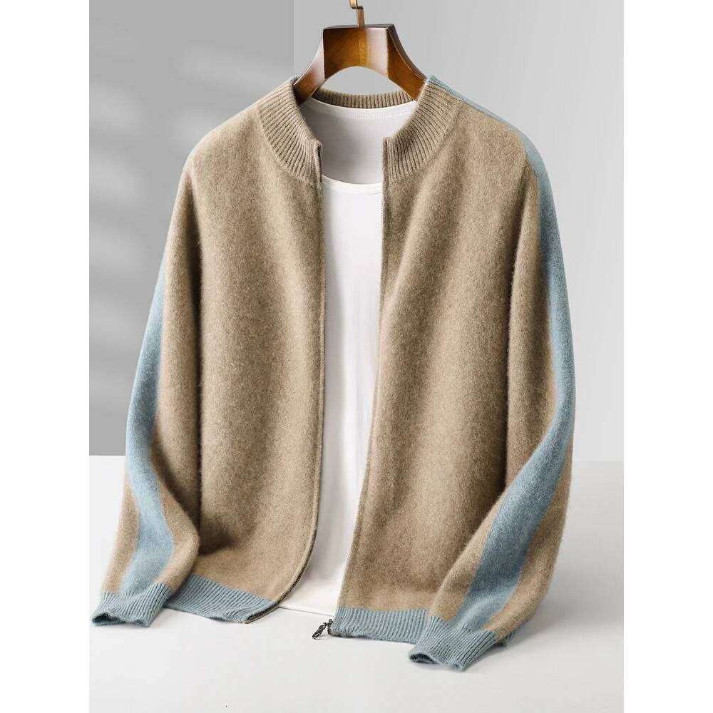 Chic Autumn Winter 100% Merino Wool Knitted Sweater Warm Jacquard Zipper Cardigan Coat Men's Thick Mock Neck Casual New Tops Mdng2510