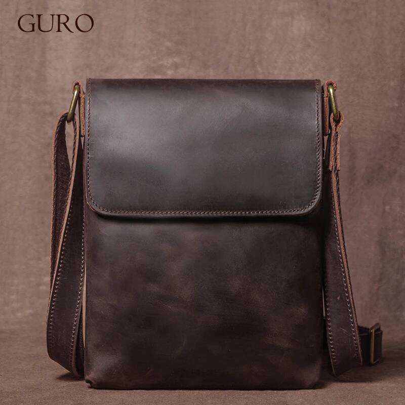 Designer de luxe GURO Haute Qualité Véritable Épaule En Cuir Hommes S Mode Bandoulière Crazy Horse Cowhide Messenger Sac Quotidien Petit Cartable