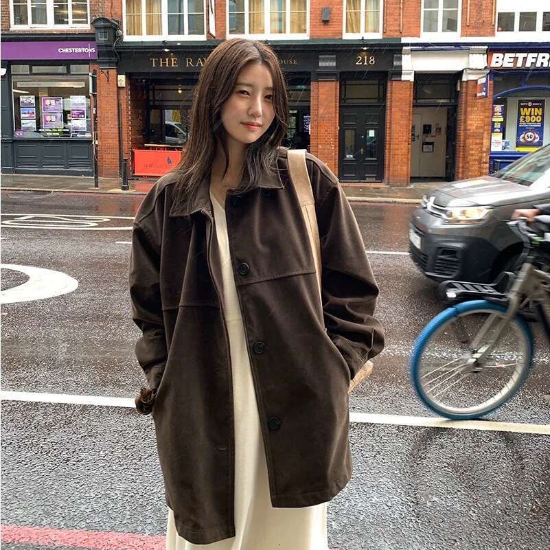 South Korea Chic Autumn Winter Korean Version Retro Maillard Outfit Loose Suede Trench Coat Mid-Length Jacket For Women B5