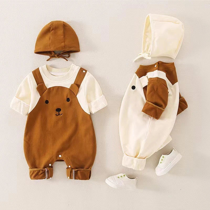 Baby FallAutumn Twopiece Onesie with Hat Cute Cartoon Bear Romper Boys Girls Longsleeve Christmas Outdoor Jumpsuit 251204