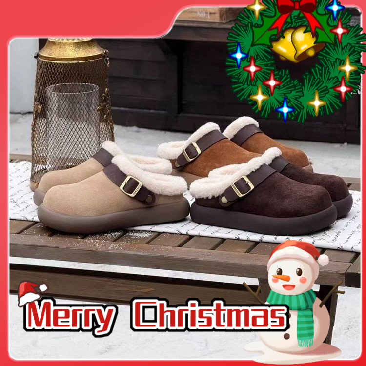 Winter Outdoor Thick Bottom Fur Lined Women's Half Slippers Christmas Gift Luxury Shoes New Fashionable Genuine Leather Warm Cotton Shoes Women