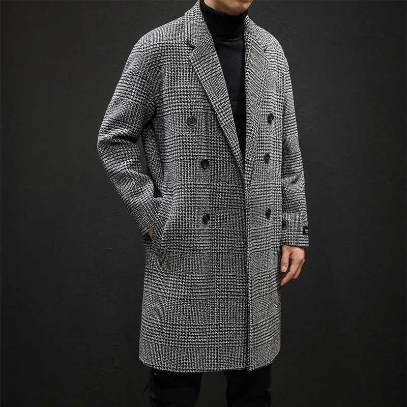YASUGUOJI Casual Double Breasted Mens Wool Overcoat Winter 2022 Houndstooth Jacket Men Turn-down Collar Long Woollen Wind CoatXJ251204