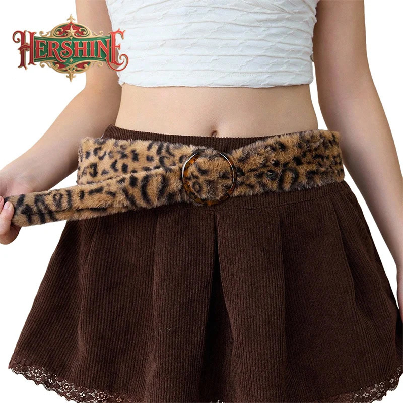 HERSHINE 1 piece womens elegant trend leopard plush belt retro style Maillard color autumn and winter Christmas accessories 251126