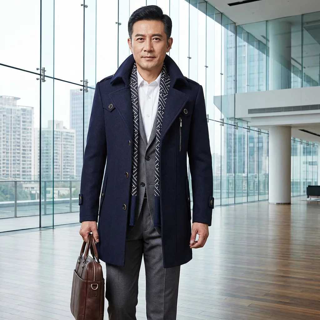 5XL Asian Size Mens Wool Blend Trench With Scarf Collar Men Insulated Winter Overcoat Business Causal Jackets For ManXJ251204