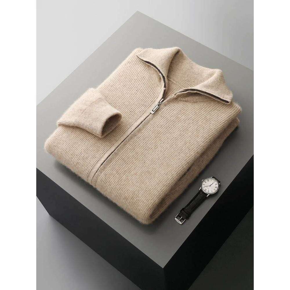 Chic Smart Casual Cardigan à fermeture éclair pour hommes épais automne hiver 100% laine mérinos pull tricoté col rabattu manteau nouveaux hauts