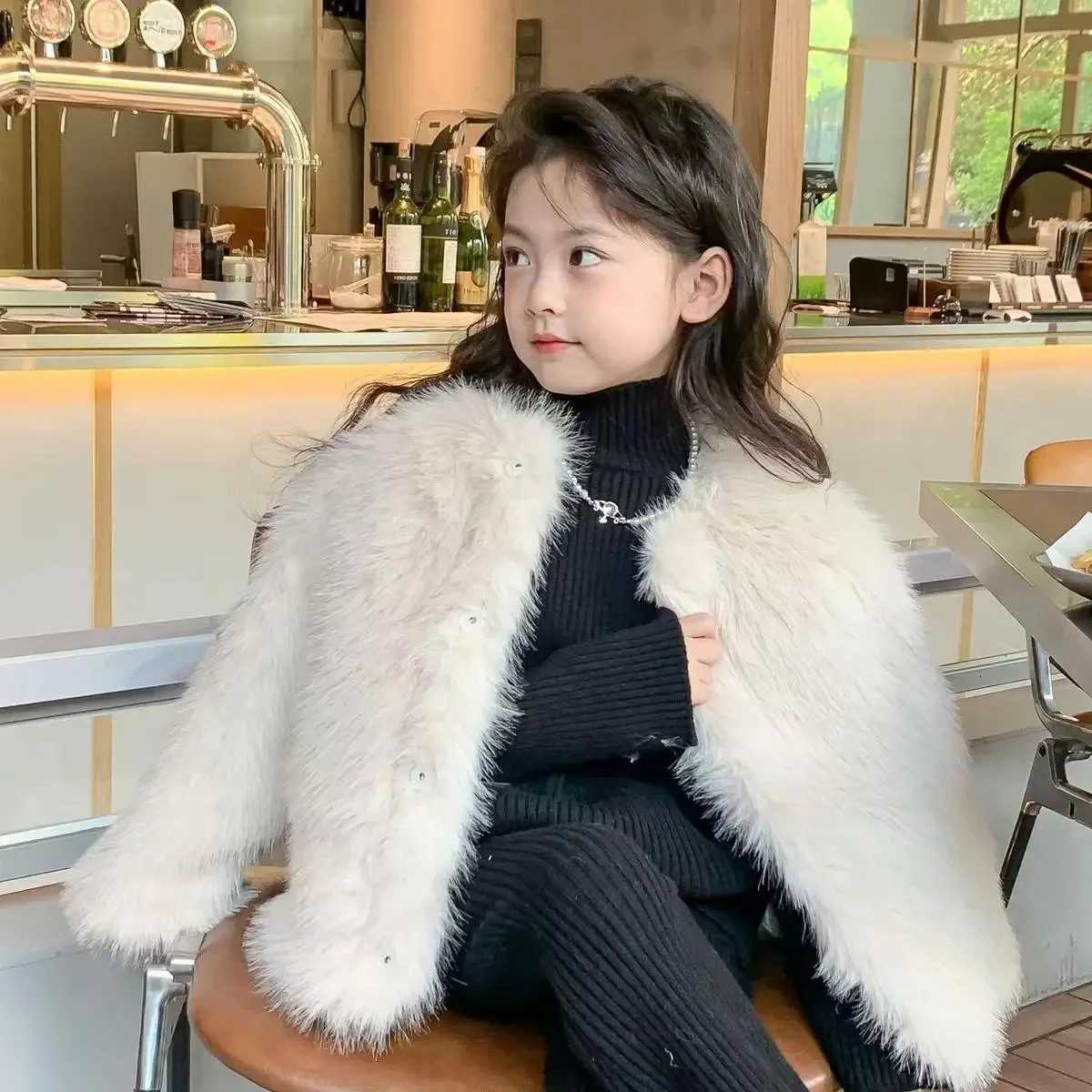 2025 mode coréenne filles manteau de fourrure polyvalent vêtements d'extérieur bébé couleur unie Vintage chaud haut col rond pour automne hiver 1