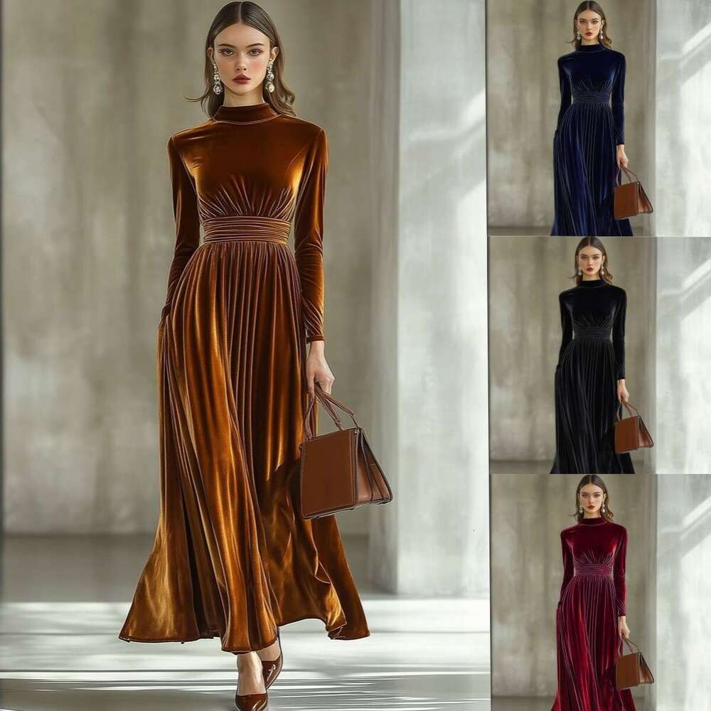 Robe de vacances élégante simple à manches longues, robe longue de mode à col mi-haut pour femmes automne hiver, robe de soirée élégante en patch