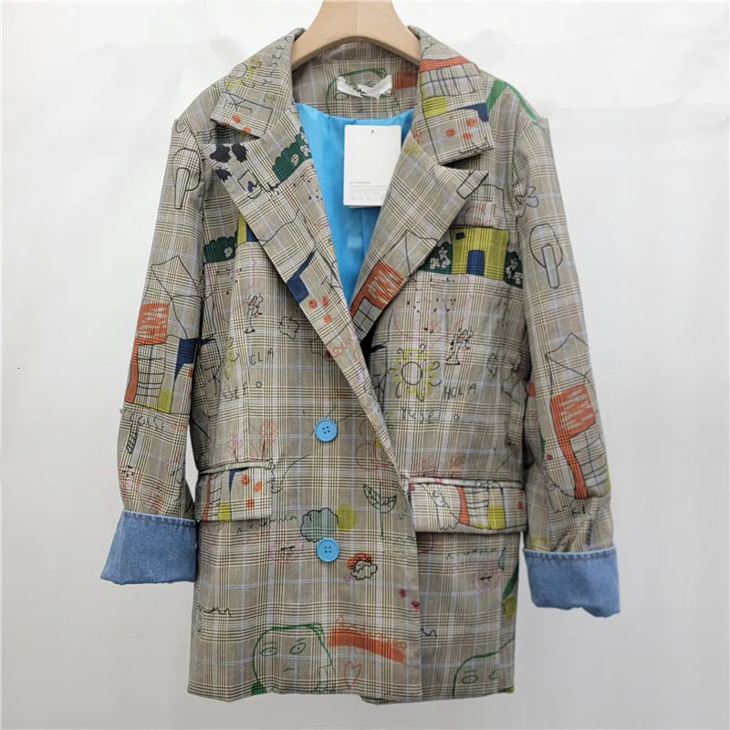 Femmes Graffiti imprimé gris à carreaux costume veste printemps automne décontracté Anime peint à la main Plaids Blazers manteau OL Cardigan haut