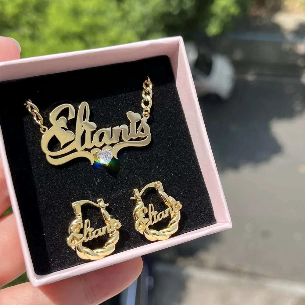 DUOYING Custom Name Jewelry Set With Heart Personalized Mini Hoop Earring Stainless Steel Nameplate Necklace for Childrens Gift 251202