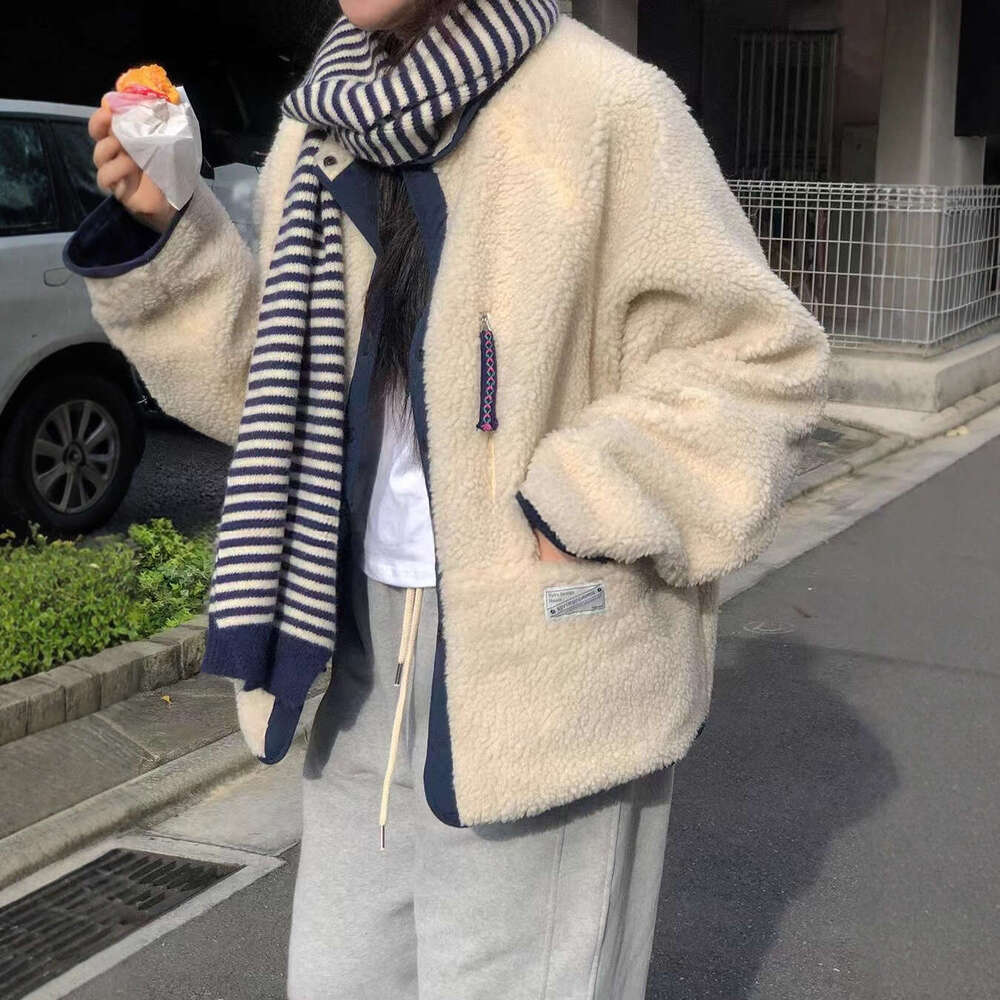 Casual Korean Style Versatile Loose Lamb Wool Reversible Cotton Jacket Thick Coat For Women B5