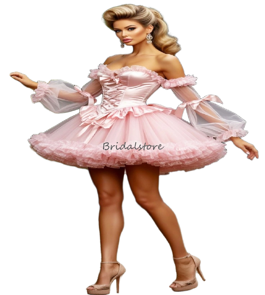 Robe de bal courte rose fantaisie 2026, robe de soirée à volants, manches longues, robe de soirée élégante, robe de cocktail, robe de soirée sexy