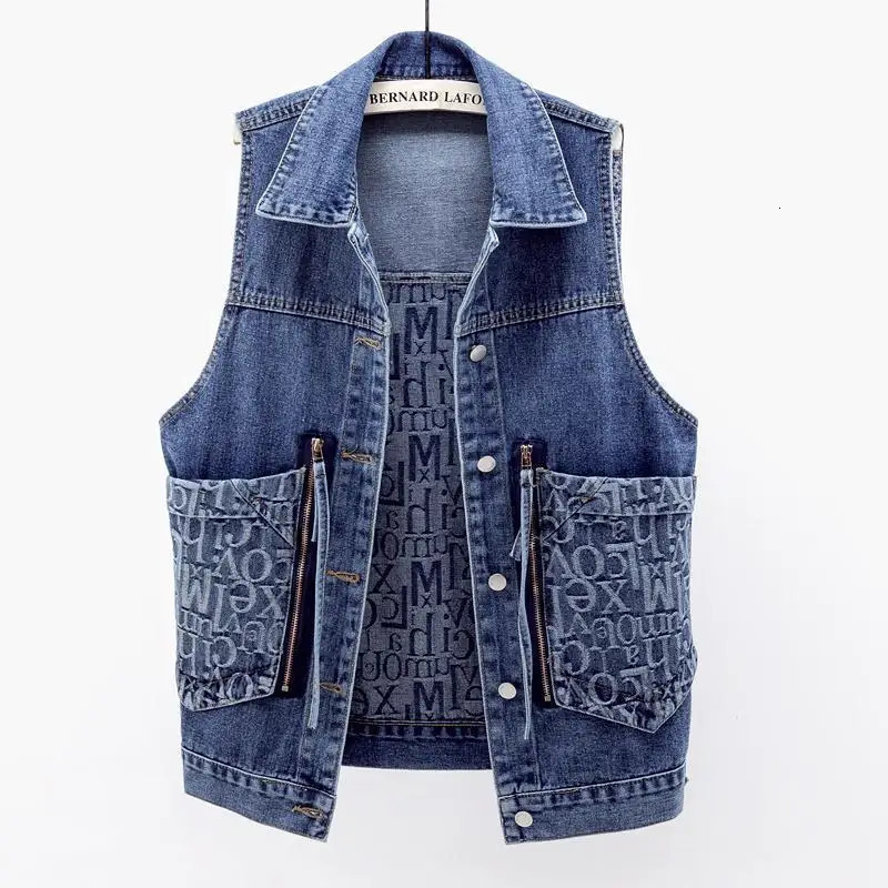 Veste longue en Denim pour femmes, ample, Style coréen, avec Jacquard et grandes poches, sans manches, 2026, 251129