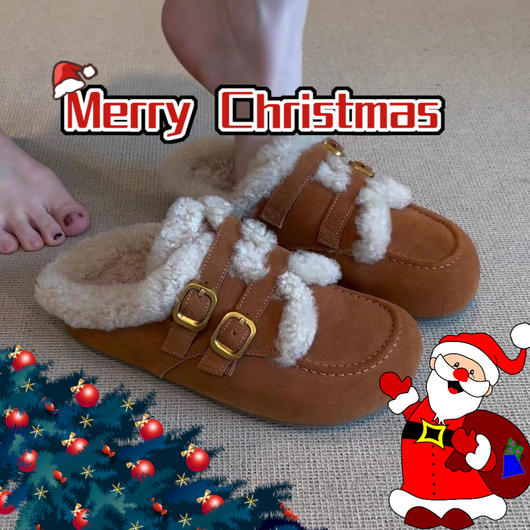 Fashionable women's retro warm fur slippers Christmas gift luxury shoes brown lazy slippers winter wool lining closed toe slippers designer sho