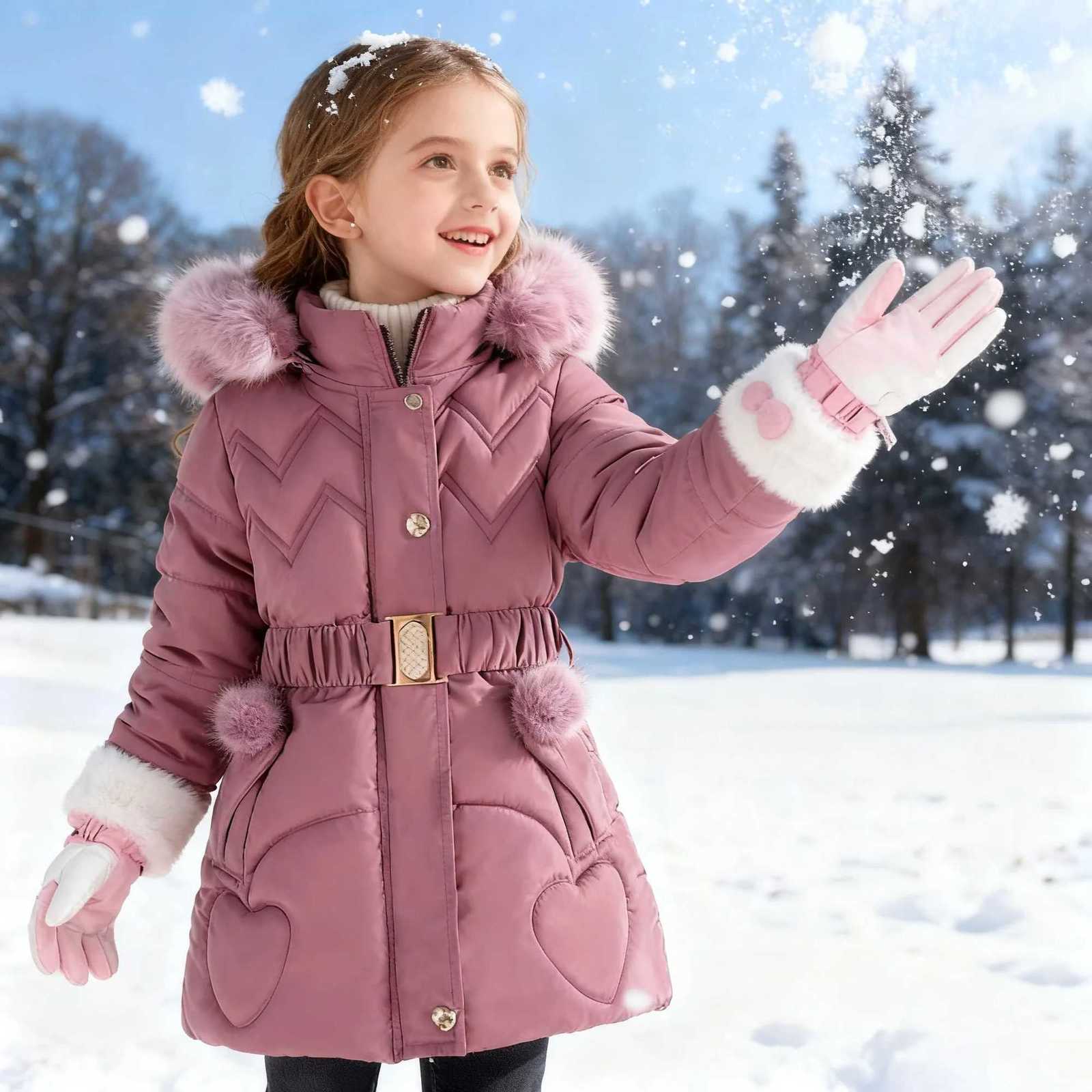 Manteau d'hiver pour filles, vêtements de nouvel an, veste bouffante de neige pour enfants, à capuche, chaude avec ceinture et poches, Z251204, 2
