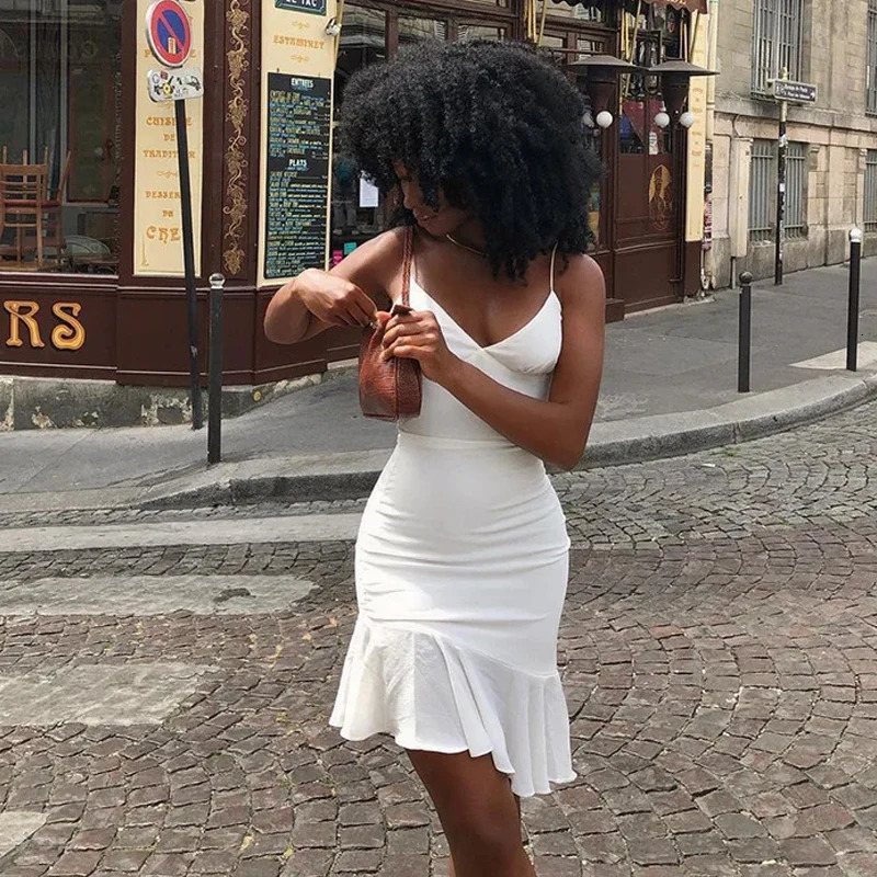 V Neck Elegant Ruffles Sexy Bodycon Dress for Women Summer Strap Sleeveless Office Lady Vintage Party White 21758 251129