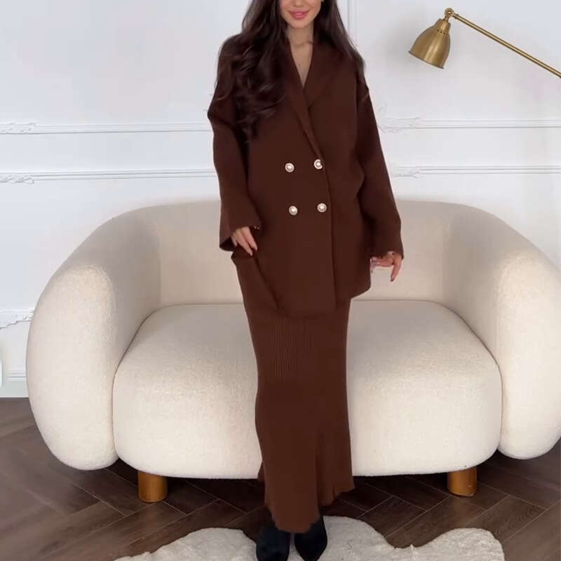 Spring European And American New Women's Clothing V-Neck Double-Breasted Coat Loose Half-Length Skirt Solid Color Suit B5