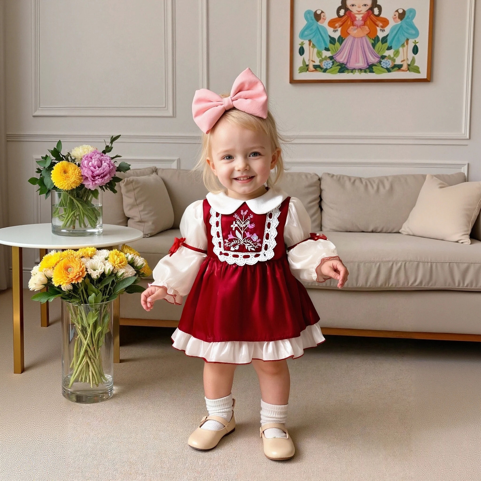 Robes de printemps et d'automne pour filles, col à nœud, manches à bulles, en maille, longue, vêtements de princesse doux et mignons, pour bébés