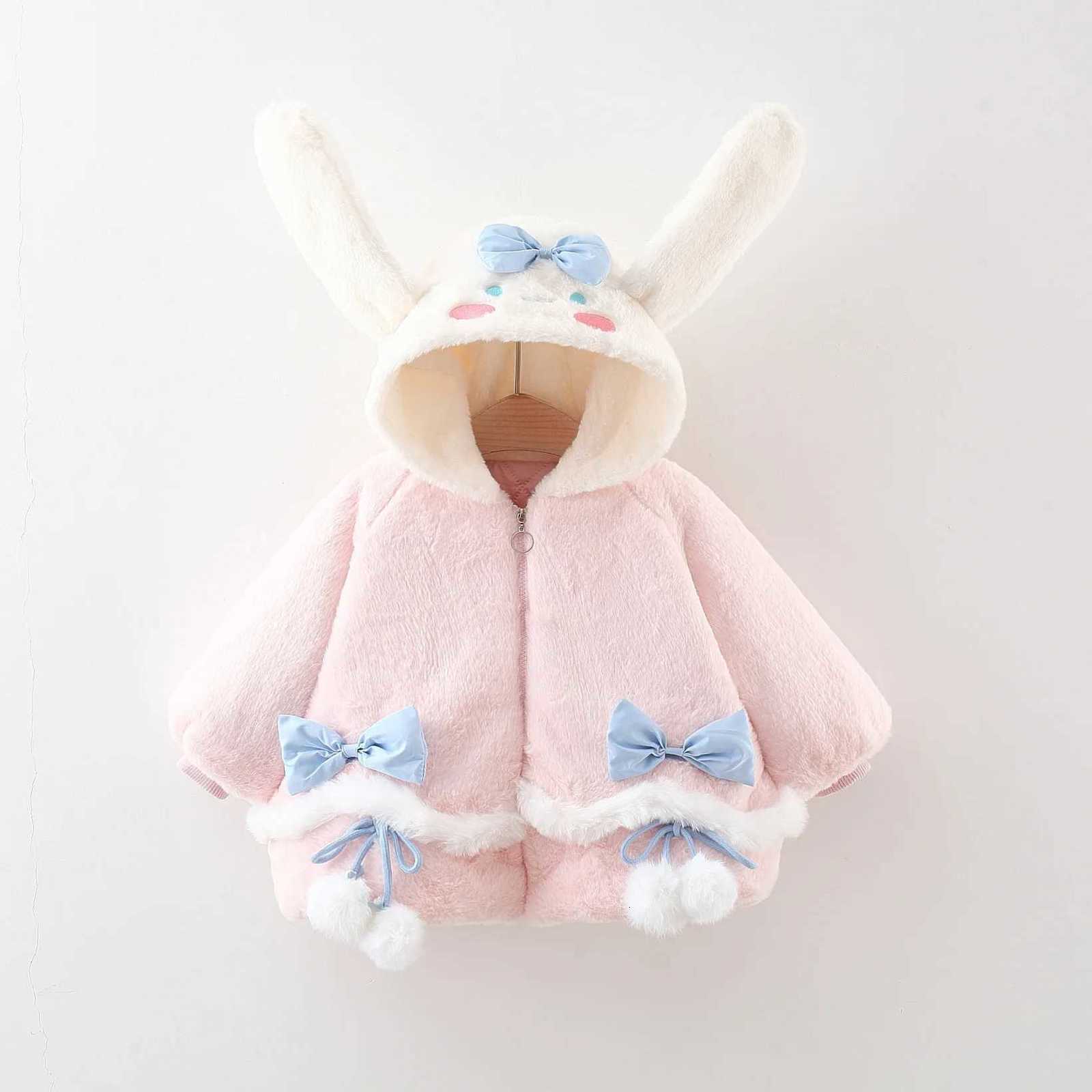 Winter new girls plush thick warm coat solid color bow ball cute rabbit ear hooded sweater Z251204