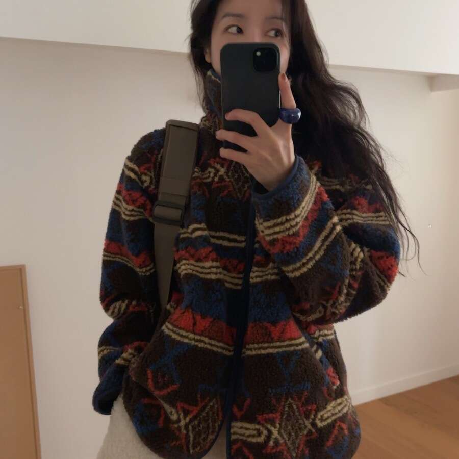 Korean Autumn Winter Lazy Style Niche Retro Mixed Color Design Fashionable Fleece Thick Jacket Coat B5