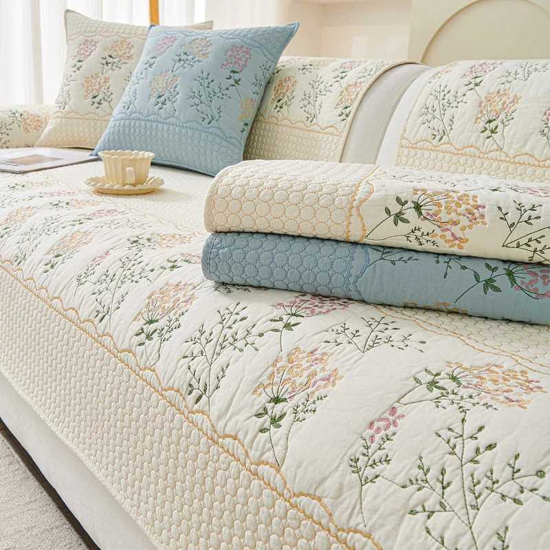 All Cotton Embroidered Sofa Cushion Four Season Universal Fabric Anti Slip Pastoral Style Sofa Cover Straight Row Cushion M251204-image-1087196516