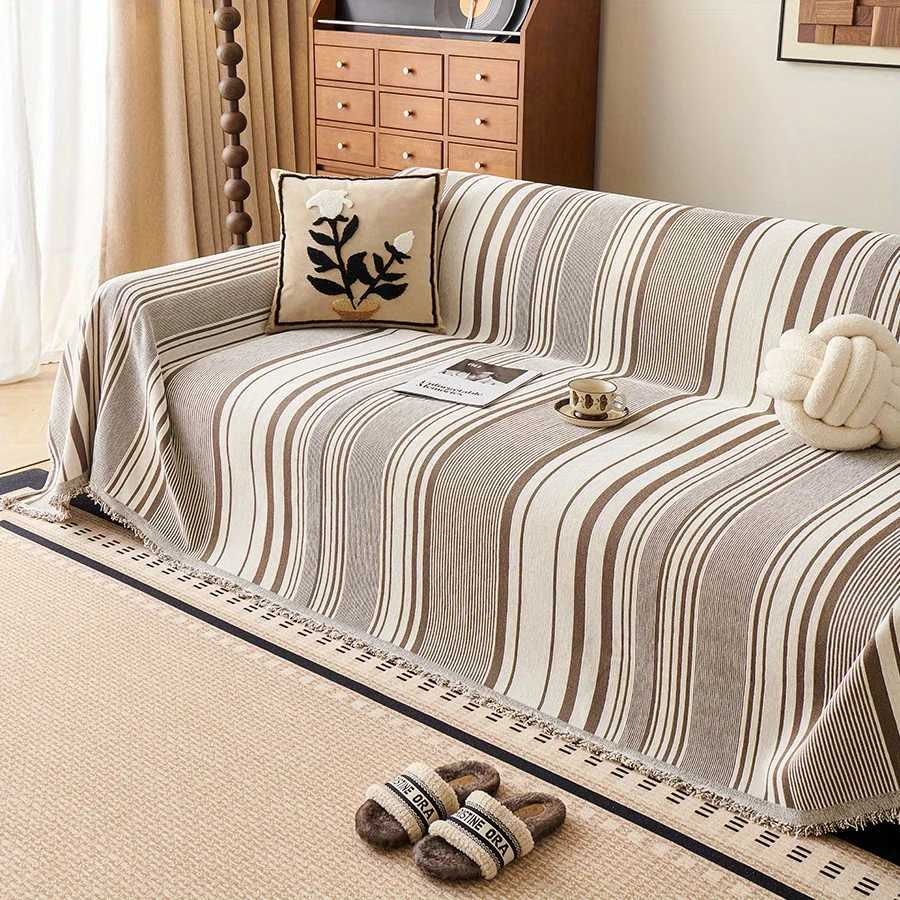 1PC Chenille Sofa Towel All-cover Coffee Striped Pattern Sofa Throw Blanket With Tassels Couch Protector Double Face Usable M251204-image-1087197708