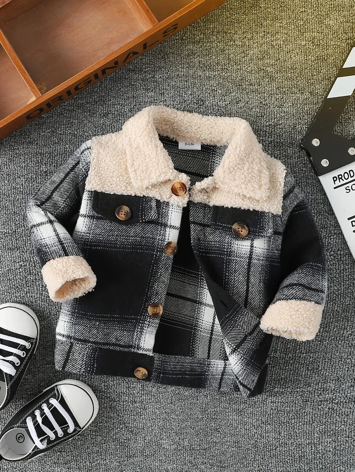 Veste en peluche à manches longues pour bébé garçon, à la mode et simple, à carreaux, patchwork, pour automne et hiver, 251204