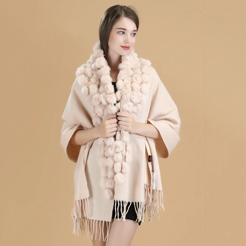ZDFURS Brand Scarf Women Winter Thick Genuine Rabbit Fur Pompom Ball Shawls and Womens Wool Cover Cashmere Pashmina251201