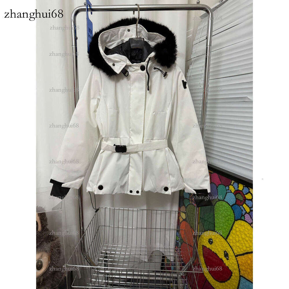 Winter Women's Fleece-Lined Jacket Designer Hooded Coat with Fur Collar and Belt Black and White Suitable for Hiking and Outings Basic Color Ve