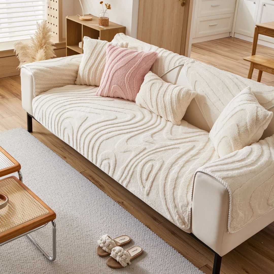 Warm Tuffed Fleece Curving Lines Jacquard Sofa Cover with Anti-Slip Backing for Living Room Couch Slipcovers Fall/Winter Decor M251204-image-1087200110