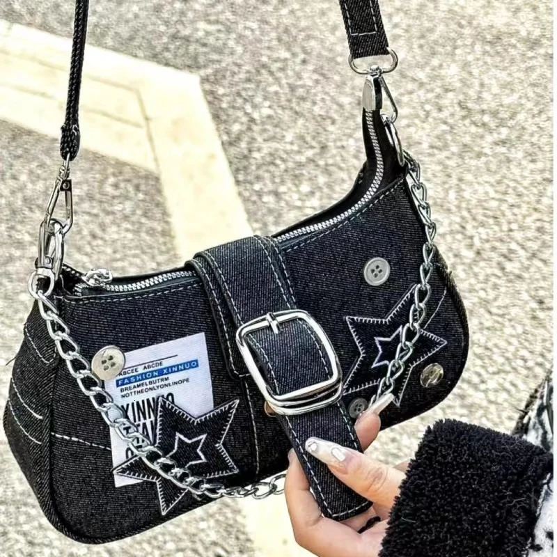 Y2k Fashion Womens Handbags Stars Pattern Cool Girls Underarm Bag Vintage Canvas Female Small Shoulder Bags Chain Tote Purses 251204