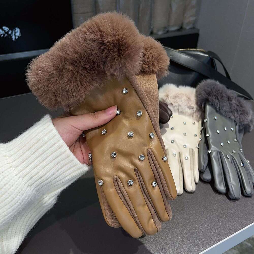 Cuir protéiné pour écran tactile complet, fausse fourrure de lapin avec strass pour femmes, gants épais doublés de polaire d'hiver