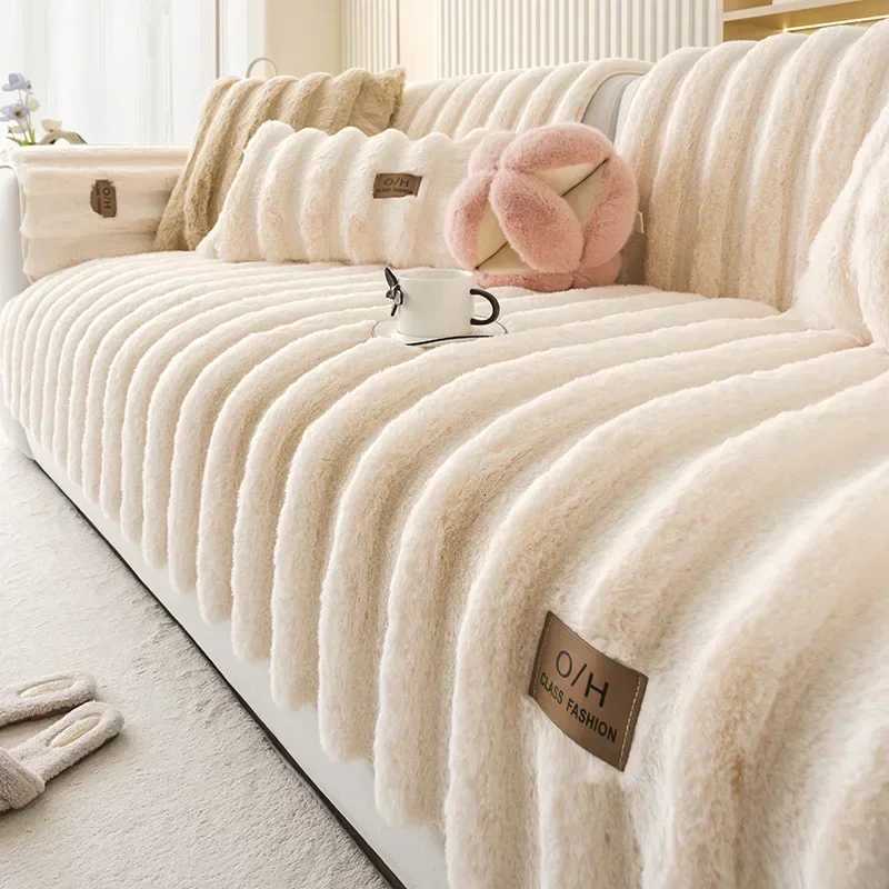 Stripe Thicken Rabbit Plush Sofa Cover Non-Slip Couch Cushion Towel for Living Room Sofa Blanket Home Decor Slip Covers M251204-image-1087199923