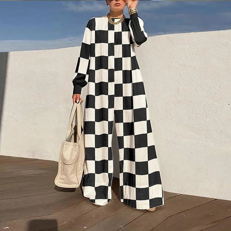 Femmes élégant classique Plaid ample jambe large combinaison 2026 printemps automne manches longues pantalon une pièce barboteuse pour femme 2512