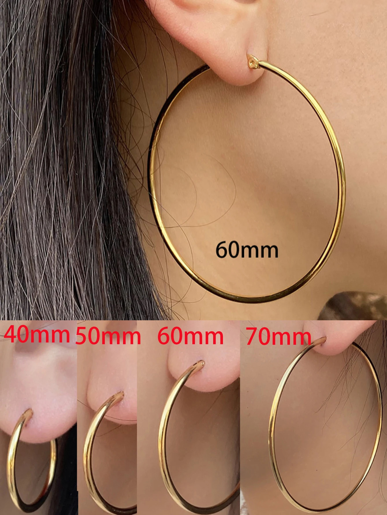 Boucles d'oreilles rondes en acier inoxydable pour femmes, 1 paire/2 pièces, 10 à 70mm, couleur or, bijoux tendance, 251201