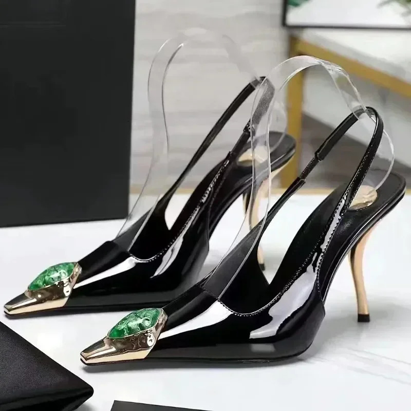 Metal Jewel Decoration Heels Women 2025 Sexy Pointed Toe Patent Leather Women Pumps Elegant Banquet High Heeled Sandals 251201
