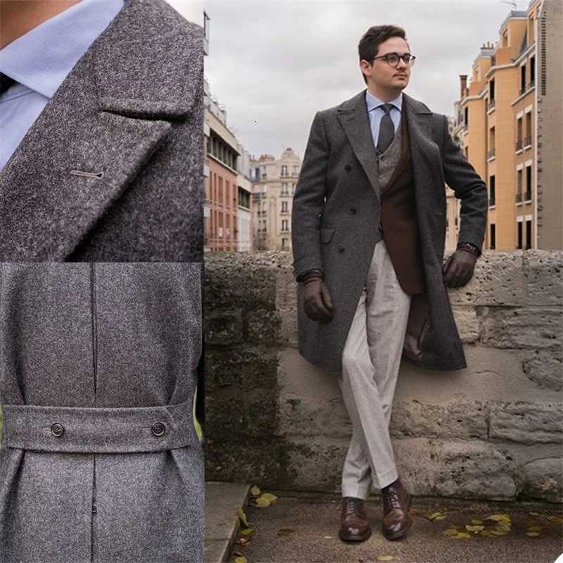 High Quality Wool Men Suits Thick Custom Made Men Suits Double Breasted Tuxedos Peaked Lapel Blazer Business Formal Long CoatXJ251204
