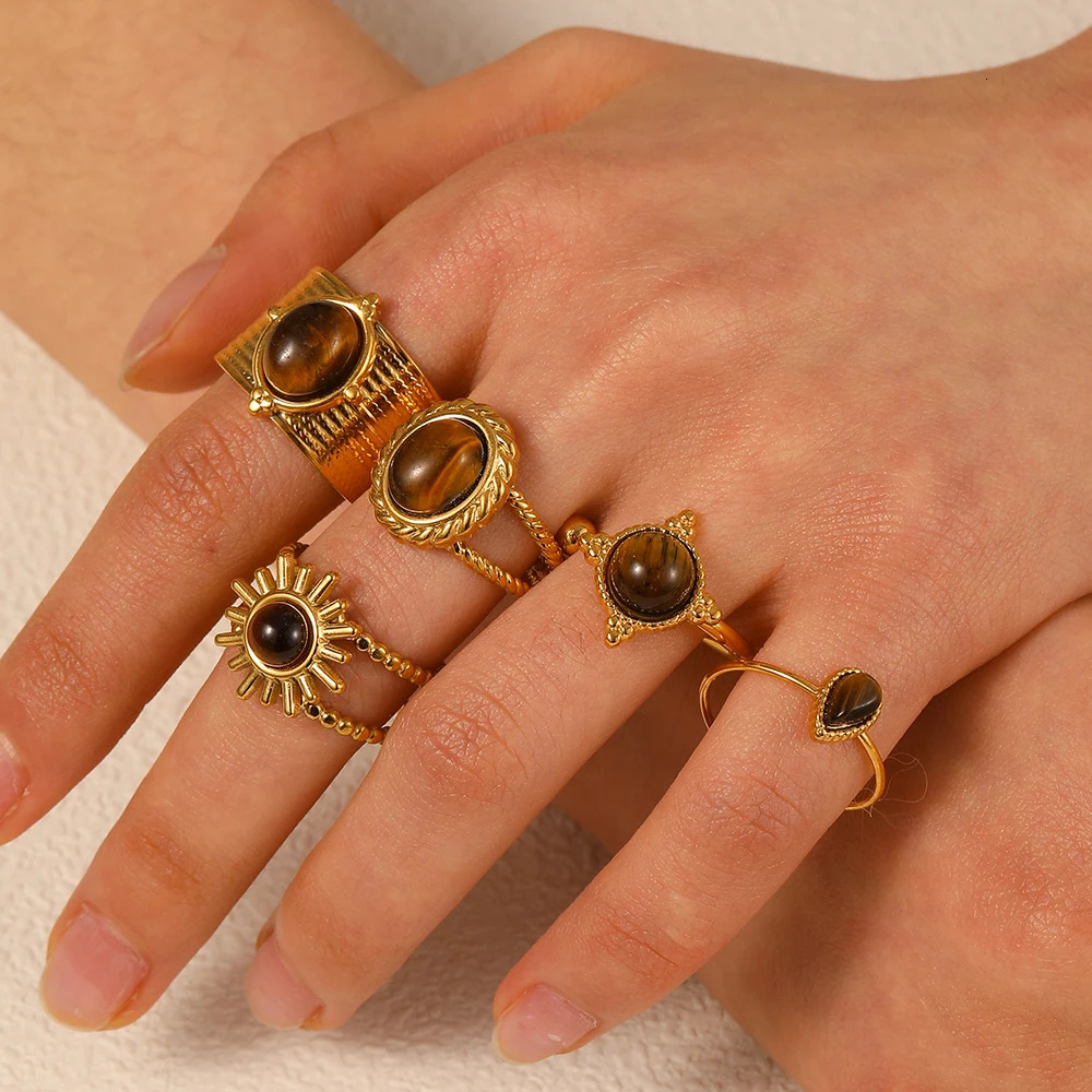 Bague Vintage en acier inoxydable plaqué or, pierre géométrique, œil naturel, tendance, bijoux à la mode, 251204