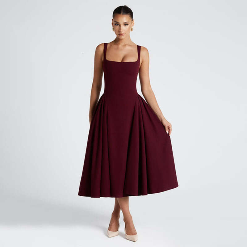 Robe de printemps pour femmes européennes et américaines, nouvelle mode, couleur unie, bretelles, col carré, dos nu, fermeture éclair, B5