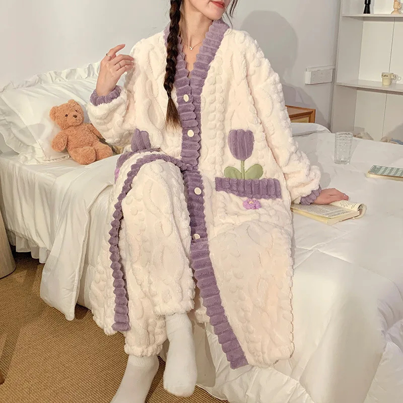 Automne hiver longues robes de bain chaudes pour les femmes épais corail velours Homewear chemises de nuit avec pantalons peignoirs dames vêtemen